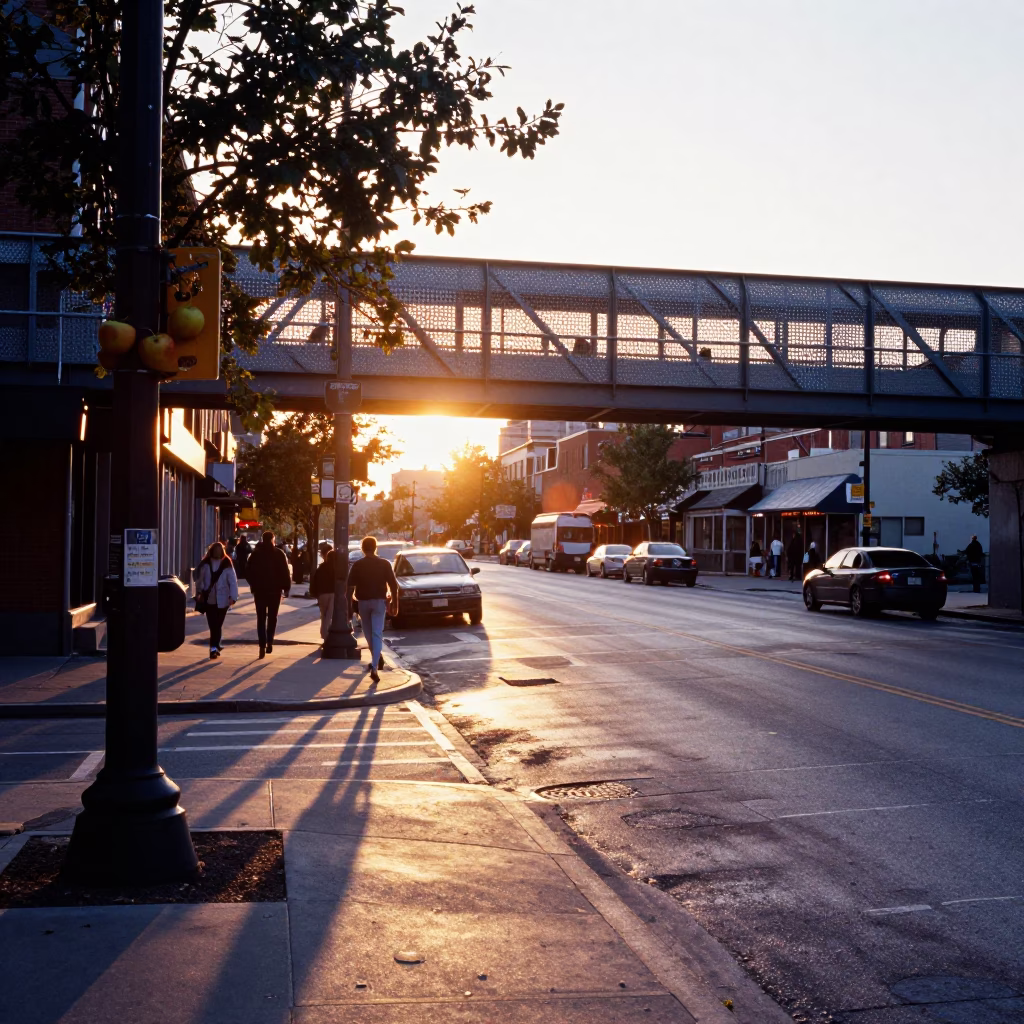 Golden Hour Street Scene in Toronto Ontario with Pedestrian Overpass and Apples in in Toronto, Ontario, Canada