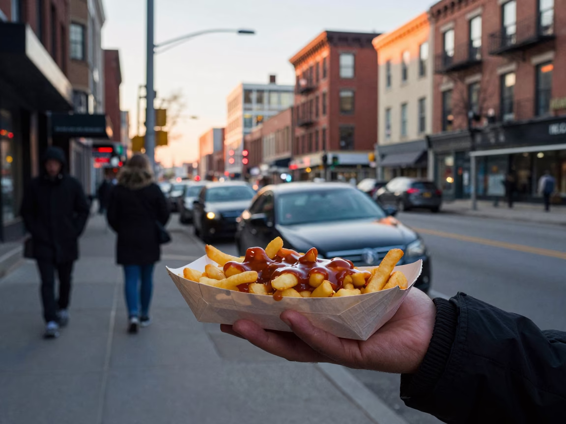 Golden Hour Street Scene in Toronto Ontario with Poutine and Urban Architecture in in Toronto, Ontario, Canada