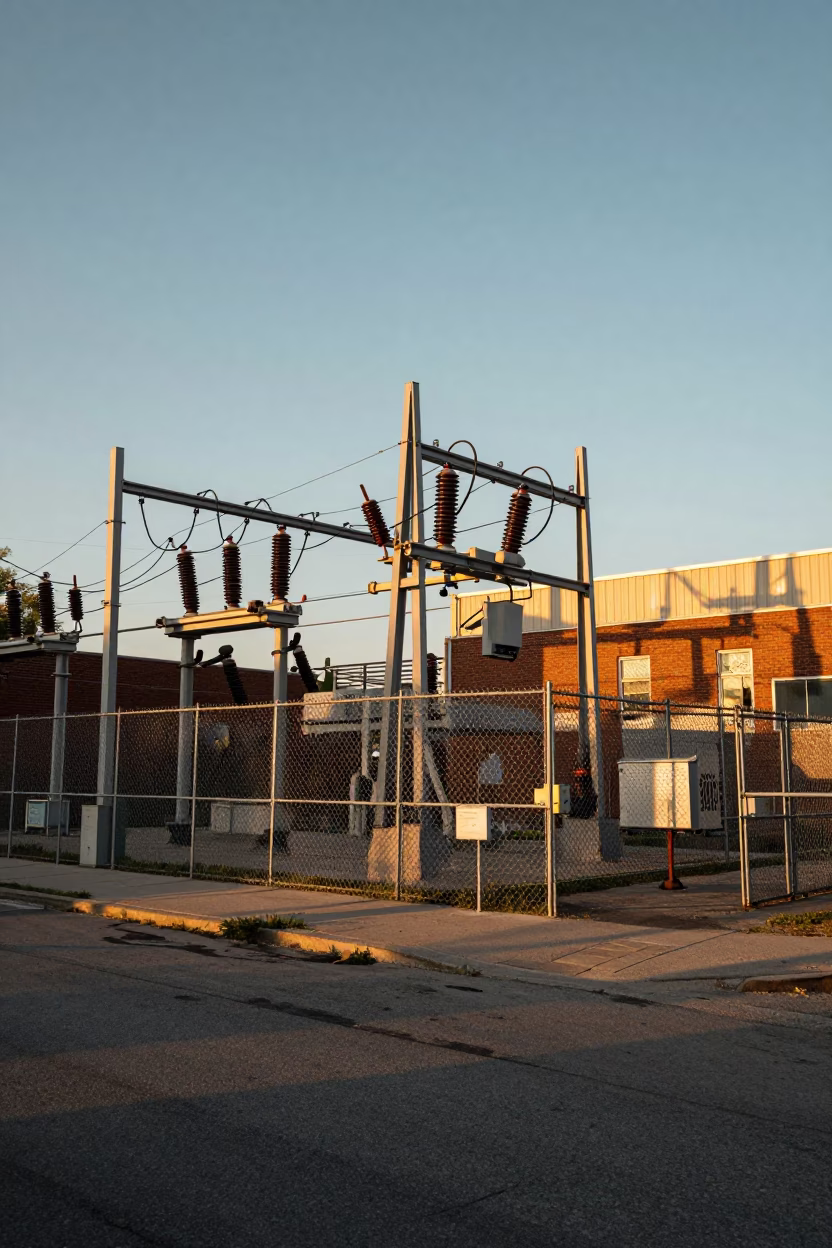 Golden Hour Street Scene in Toronto Ontario with Substation Busbars Glowing in in Toronto, Ontario, Canada