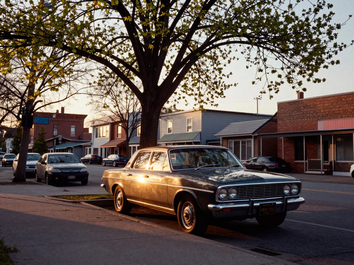 Golden Hour Street Scene in Toronto Ontario with Vintage Car and Tree in in Toronto, Ontario, Canada