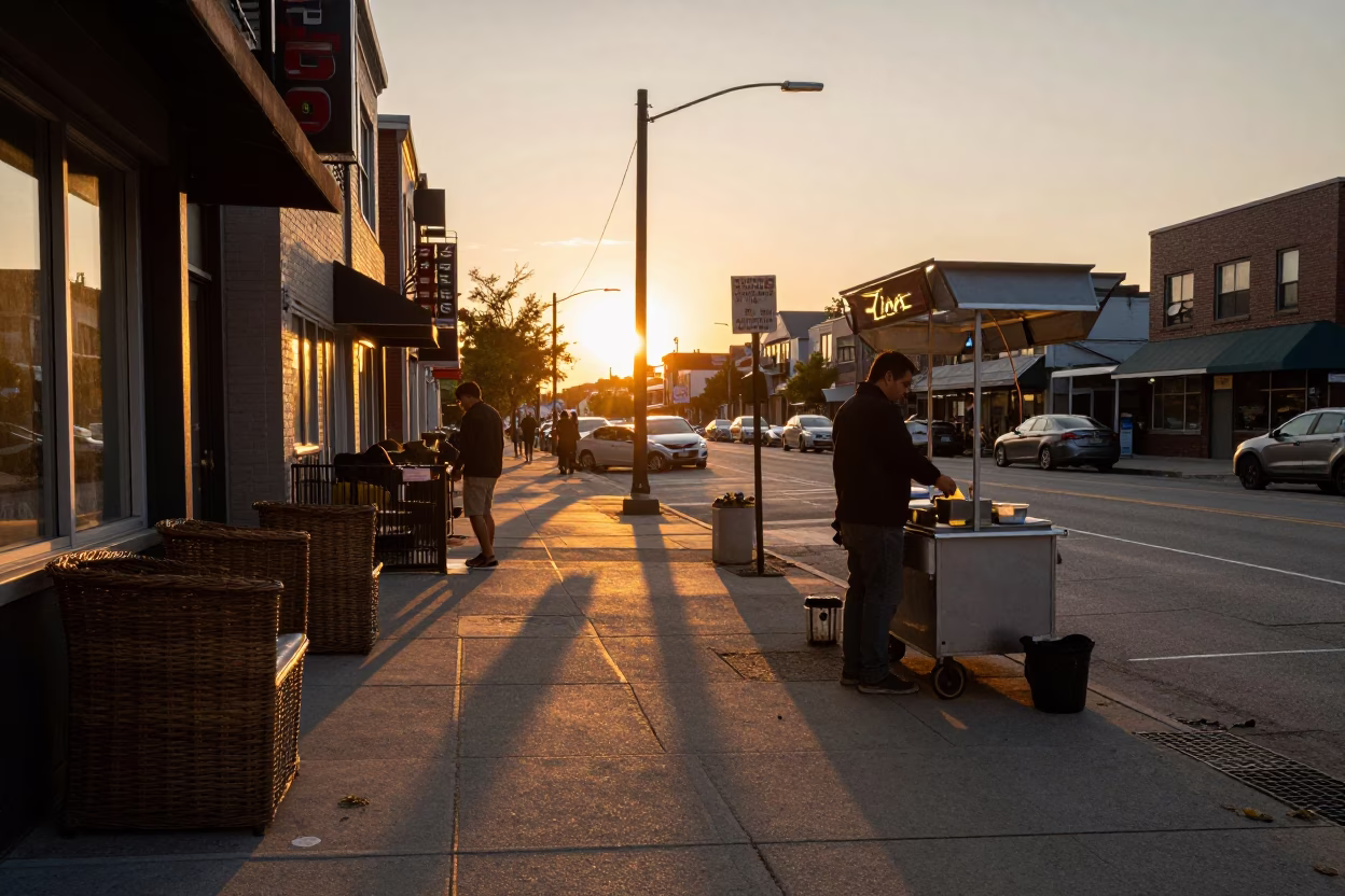 Golden Hour Street Scene in Toronto Ontario with Wicker Shadows and Apricots in in Toronto, Ontario, Canada