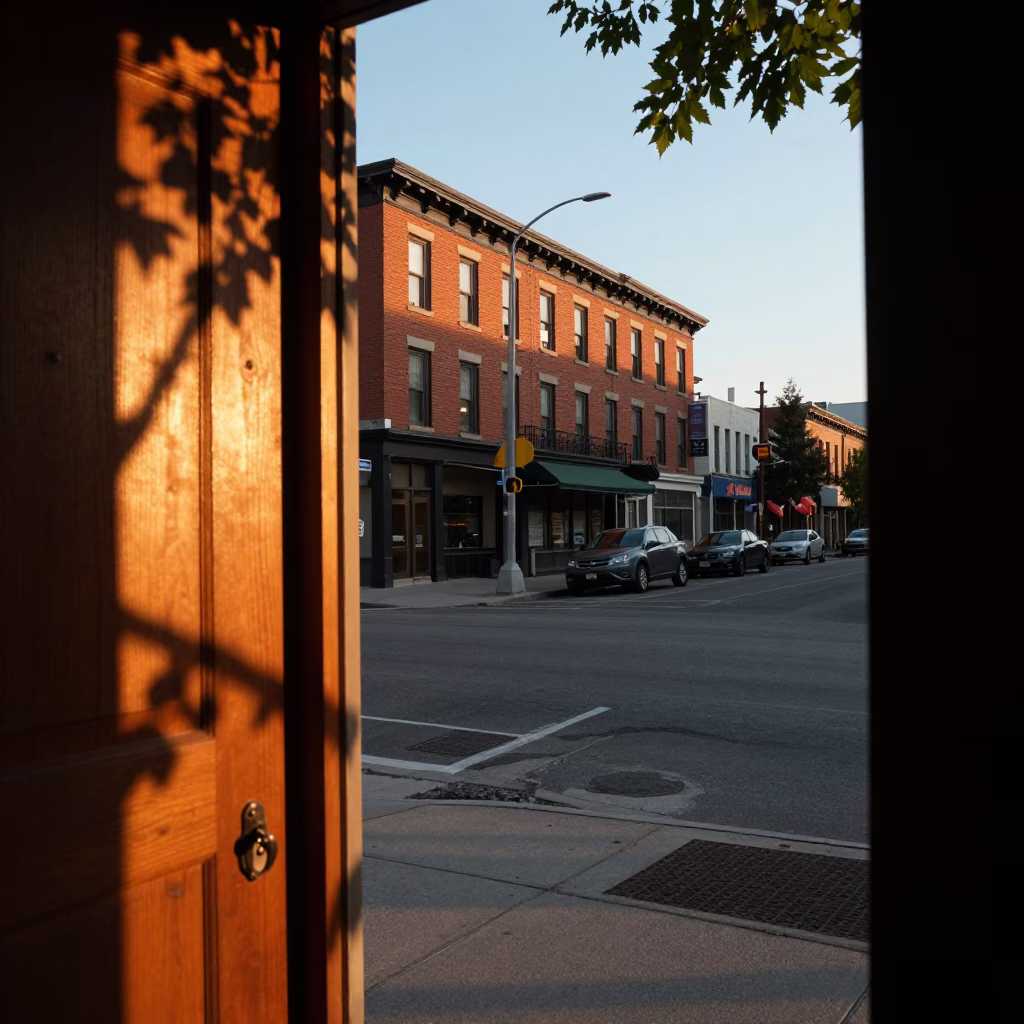 Golden hour street scene in Toronto with leaf shadows on doorframe and urban architecture in in Toronto, Ontario, Canada