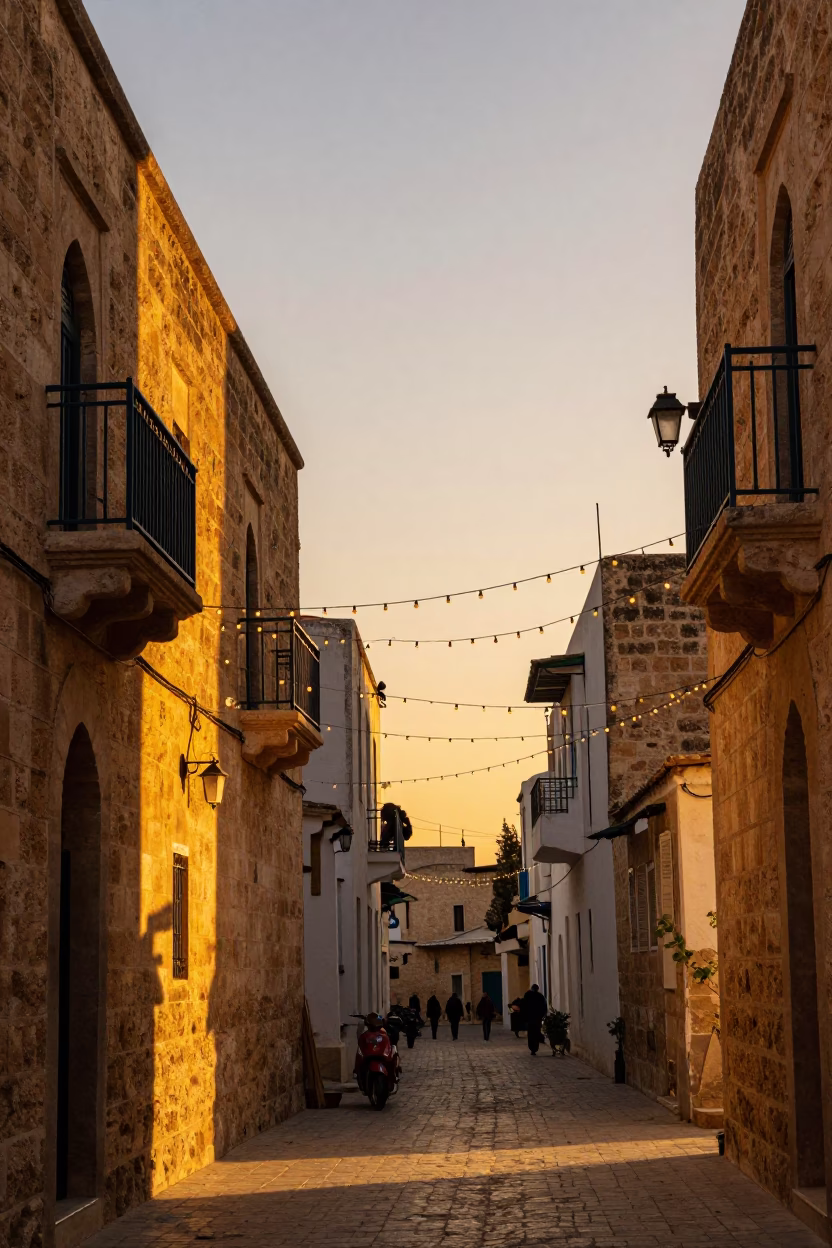 Golden Hour Street Scene in Tunis Medina with String Lights and Historic Architecture in in Tunis, Tunisia