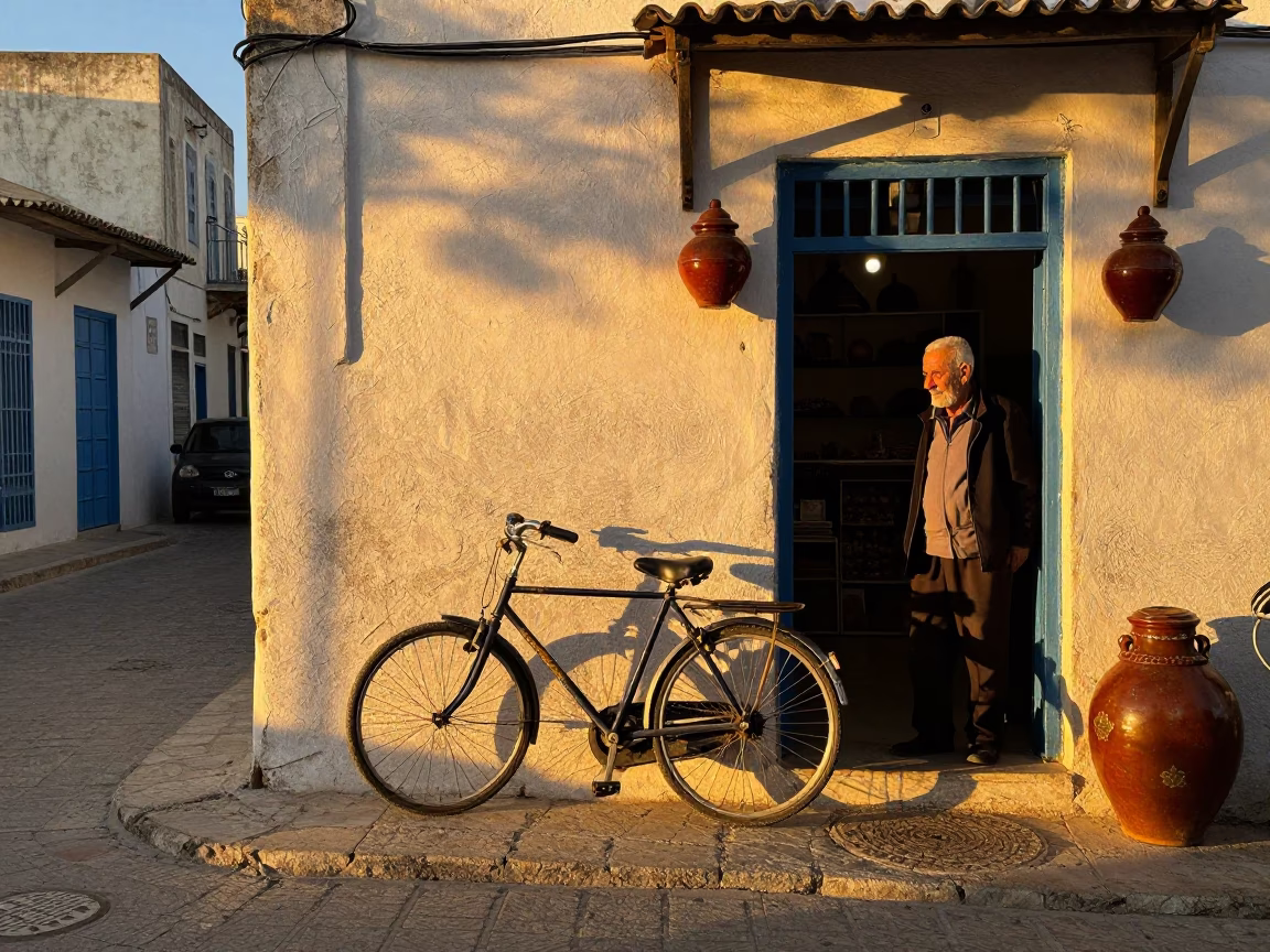Golden Hour Street Scene in Tunis Tunisia with Bicycle and Spice Jar in in Tunis, Tunisia