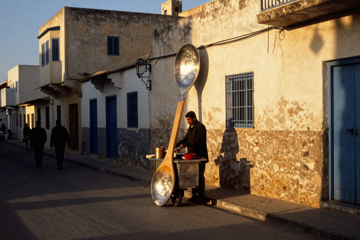 Golden Hour Street Scene in Tunis Tunisia with Brushed Steel and Wooden Spoon in in Tunis, Tunisia