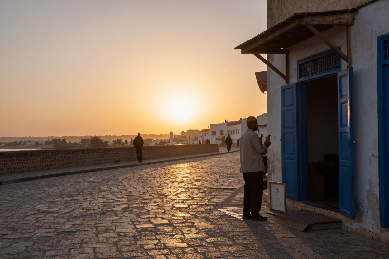 Golden Hour Street Scene in Tunis Tunisia with Ceramic Pitcher and Fig Tree in in Tunis, Tunisia