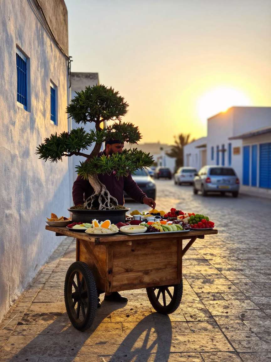 Golden Hour Street Scene in Tunis Tunisia with Mezze Platter and Bonsai Forest Detail in in Tunis, Tunisia