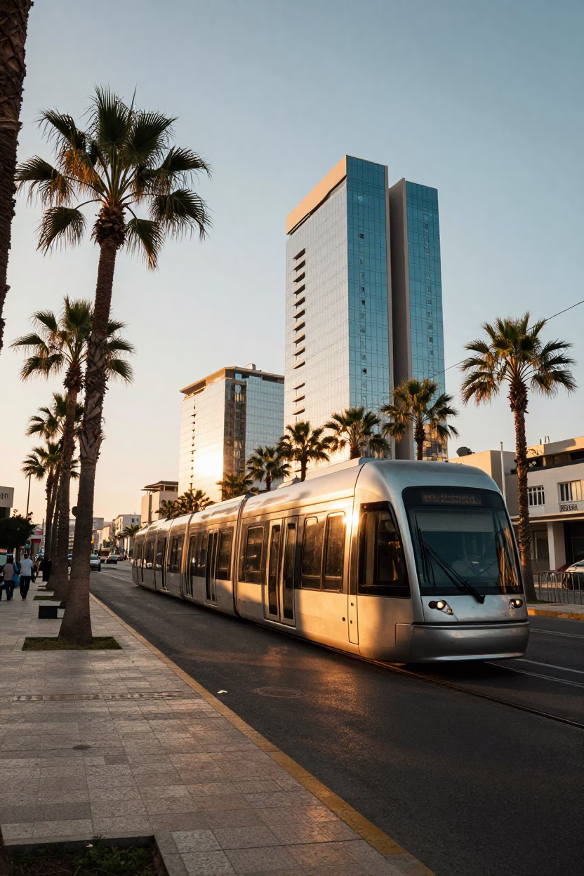 Golden Hour Street Scene in Tunis Tunisia with Monorail and Palm Trees in in Tunis, Tunisia