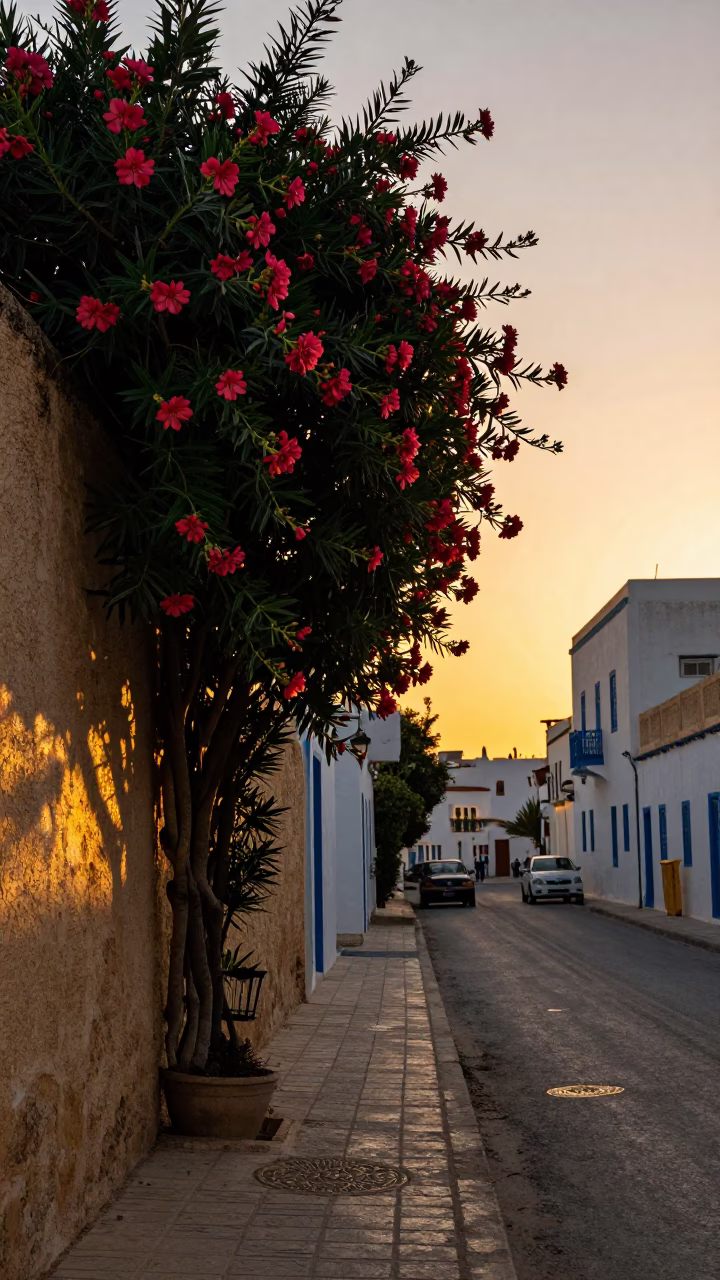 Golden Hour Street Scene in Tunis Tunisia with Oleander Hedge and Metro Train in in Tunis, Tunisia