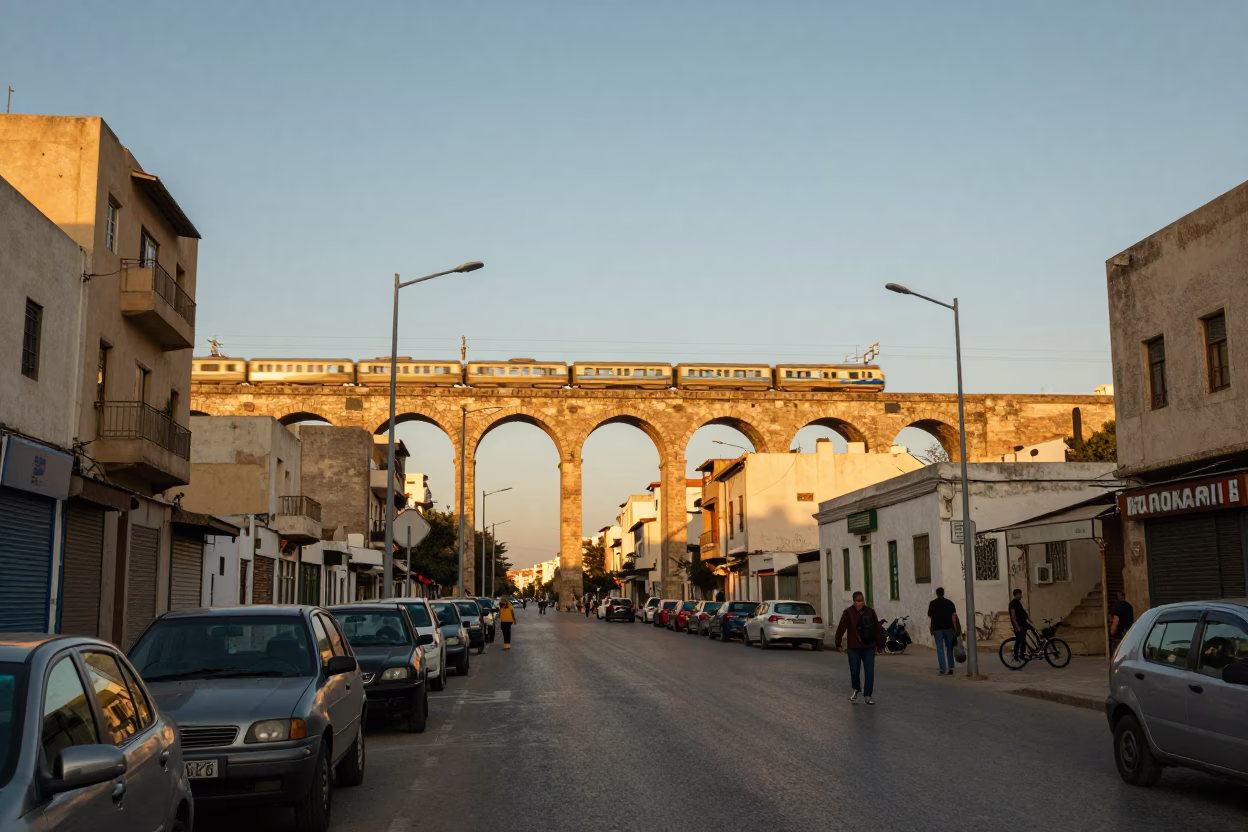 Golden Hour Street Scene in Tunis Tunisia with Railway Viaduct and Local Activity in in Tunis, Tunisia