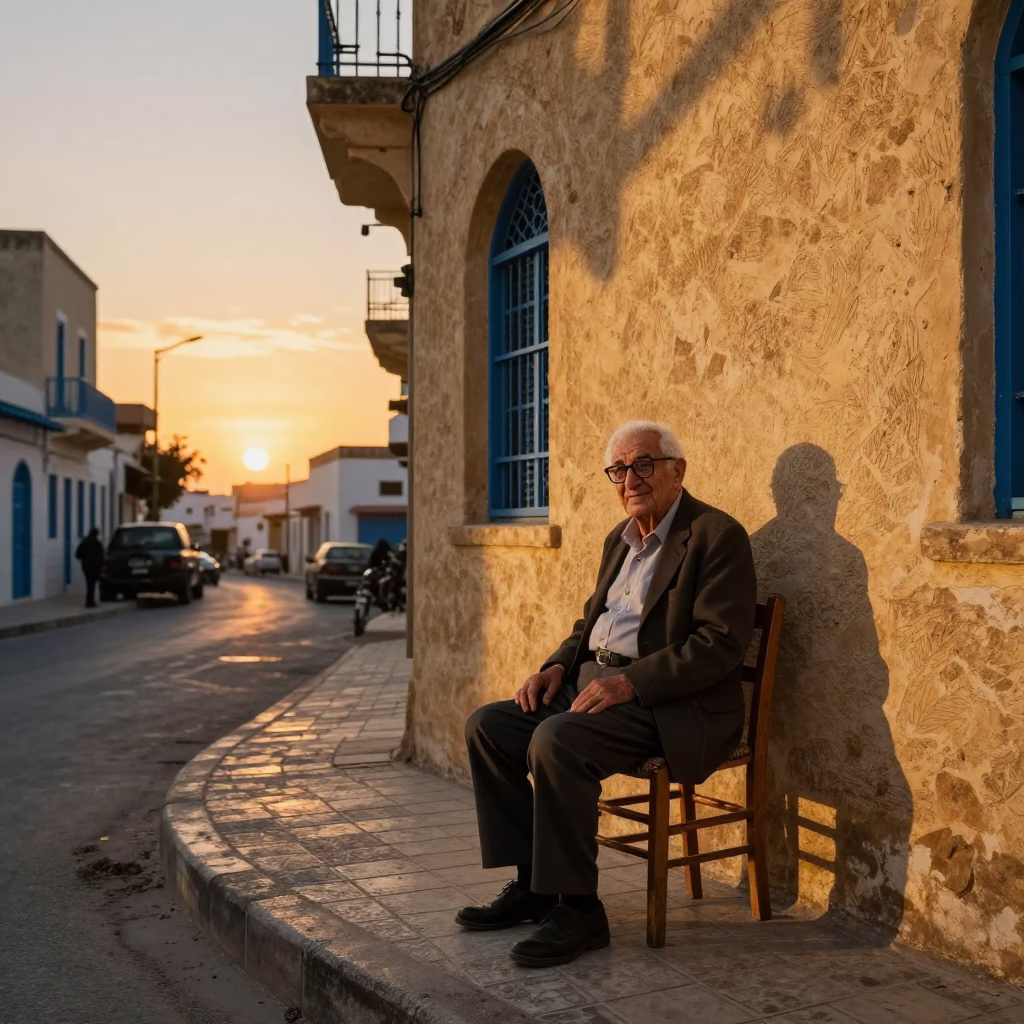 Golden Hour Street Scene in Tunis Tunisia with Retired Astronomer and Local Commerce in in Tunis, Tunisia