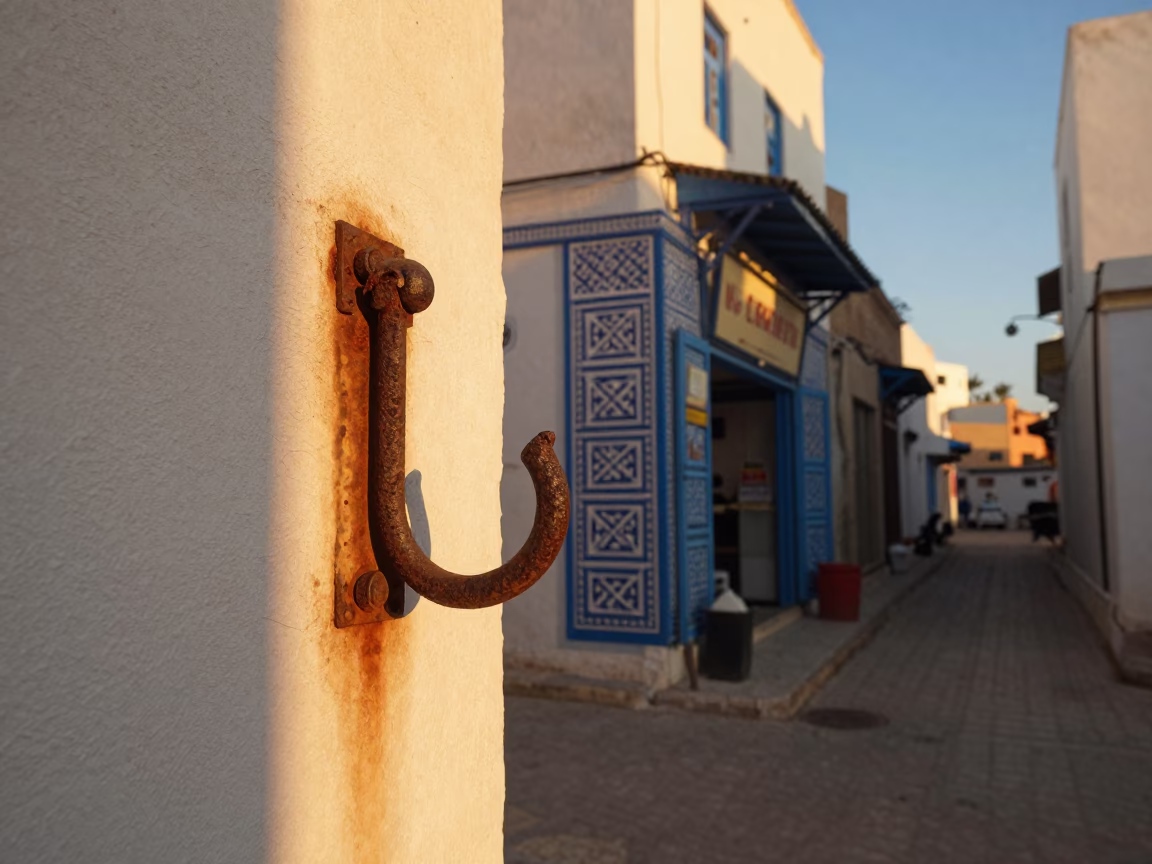 Golden Hour Street Scene in Tunis Tunisia with Rusty Hook Plate and Local Commerce in in Tunis, Tunisia