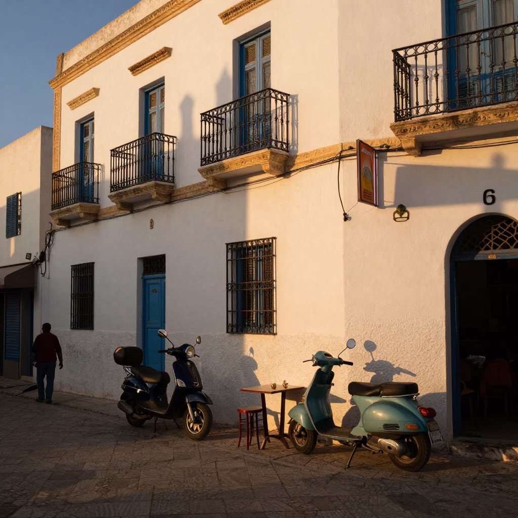 Golden Hour Street Scene in Tunis Tunisia with Scooter and Traditional Tea Service in in Tunis, Tunisia