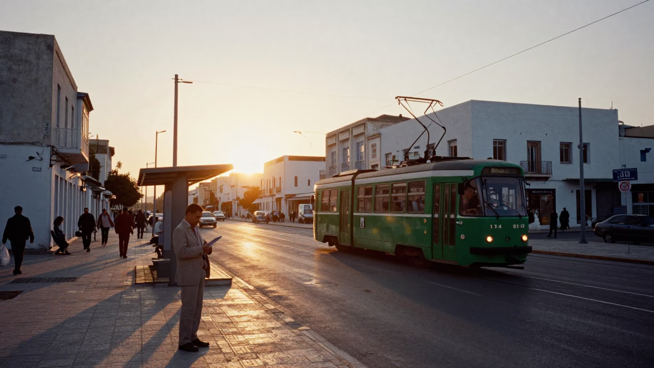 Golden Hour Street Scene in Tunis Tunisia with Tram and Clipboard in in Tunis, Tunisia