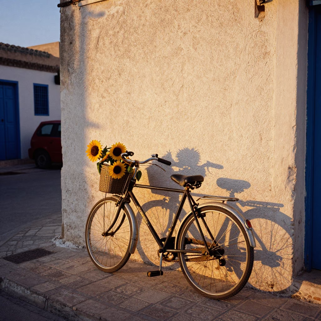 Golden Hour Street Scene in Tunis Tunisia with Vintage Bicycle and Sunflowers in in Tunis, Tunisia