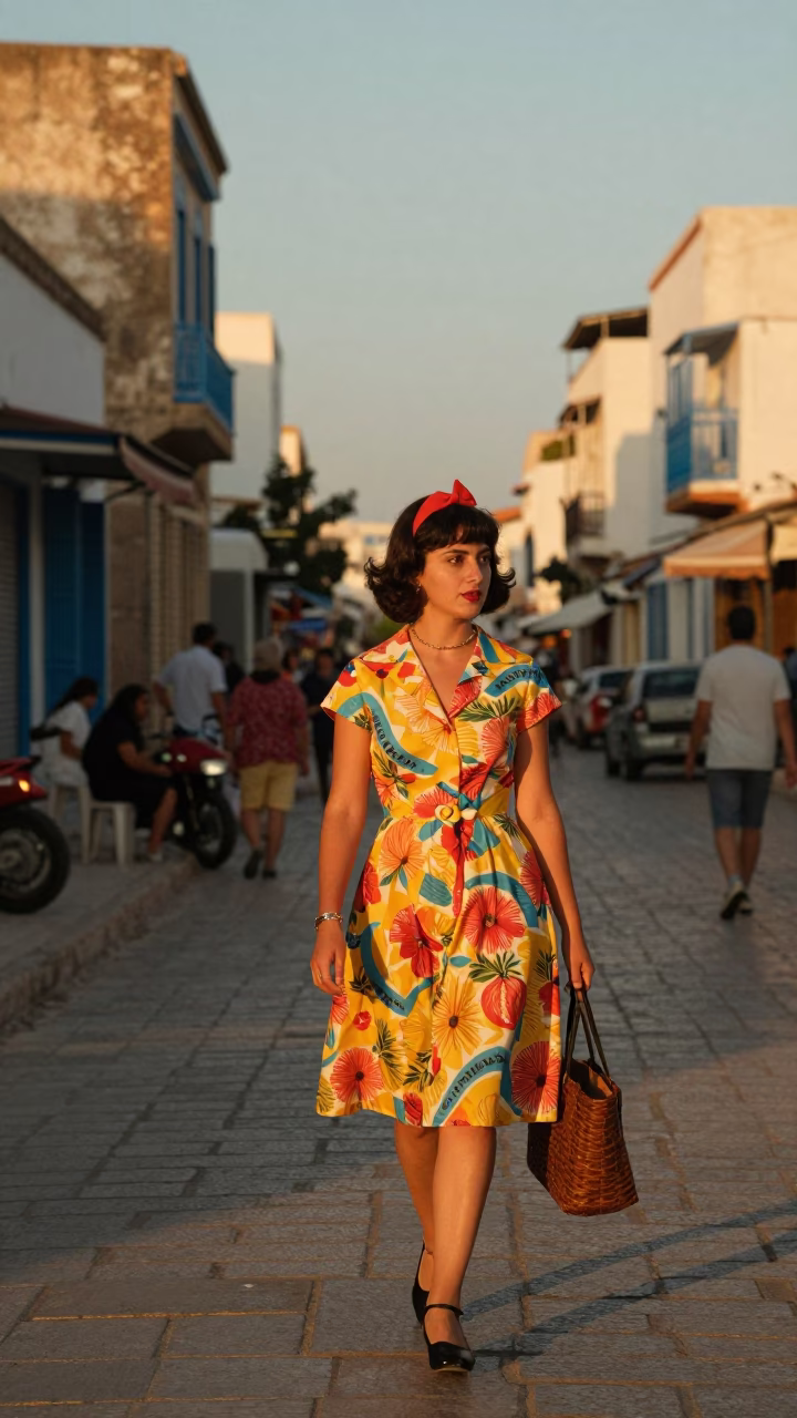 Golden Hour Street Scene in Tunis Tunisia with Vintage Fashion and Local Life in in Tunis, Tunisia