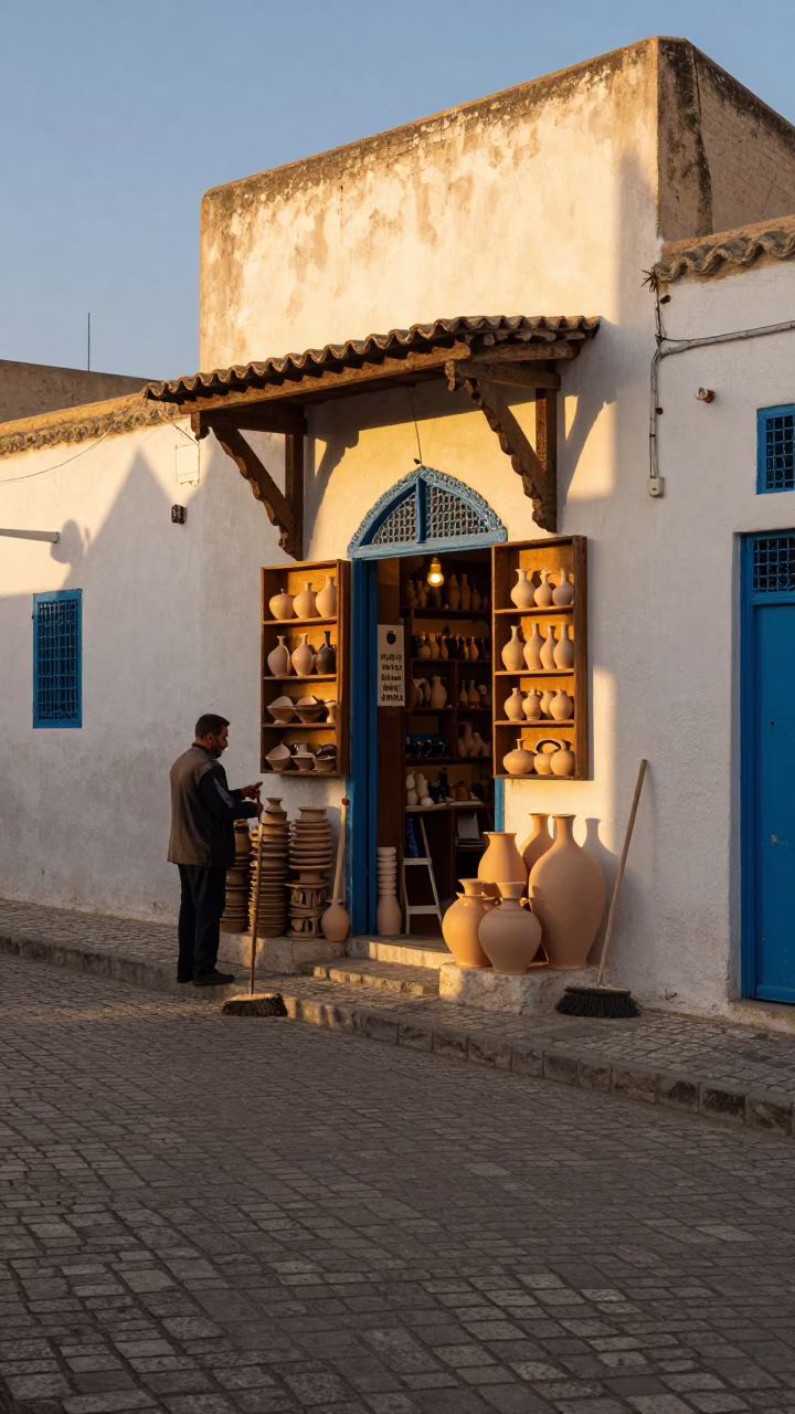 Golden Hour Street Scene in Tunis With Broom And Dented Metal Rim in in Tunis, Tunisia