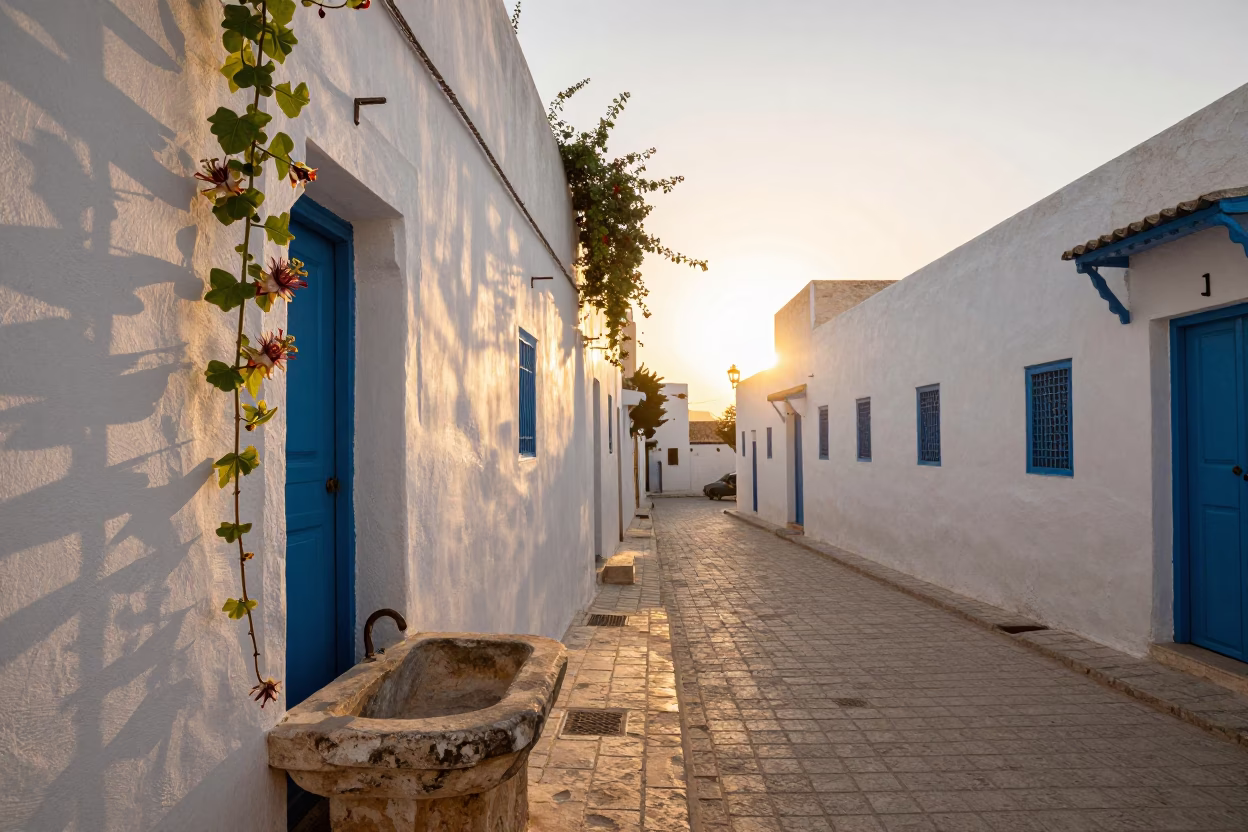 Golden Hour Street Scene in Tunis with Passion Flower and Wash Basin in in Tunis, Tunisia