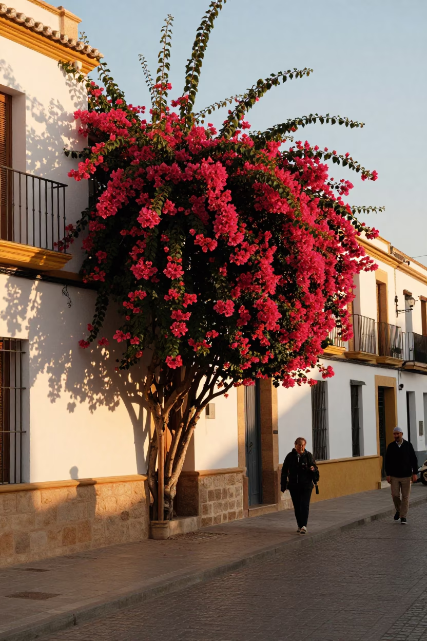Golden Hour Street Scene in Valencia Spain with Bougainvillea and Local Life in in Valencia, Spain