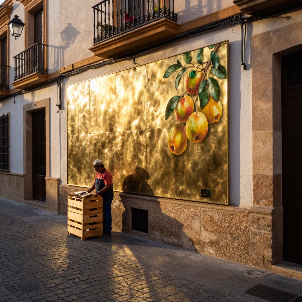 Golden Hour Street Scene in Valencia Spain with Brass Wall and Nectarines in in Valencia, Spain