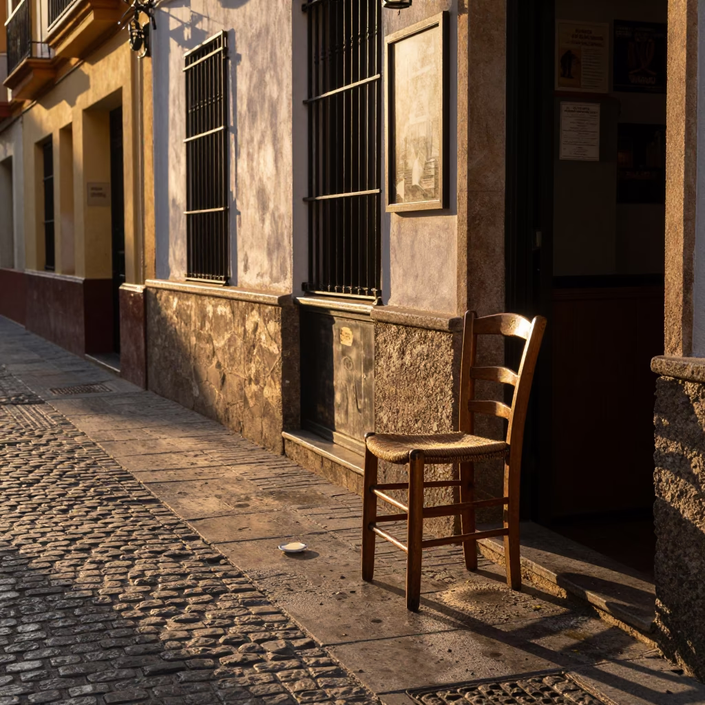 Golden Hour Street Scene in Valencia Spain with Chair and Condensation on Saucer in in Valencia, Spain