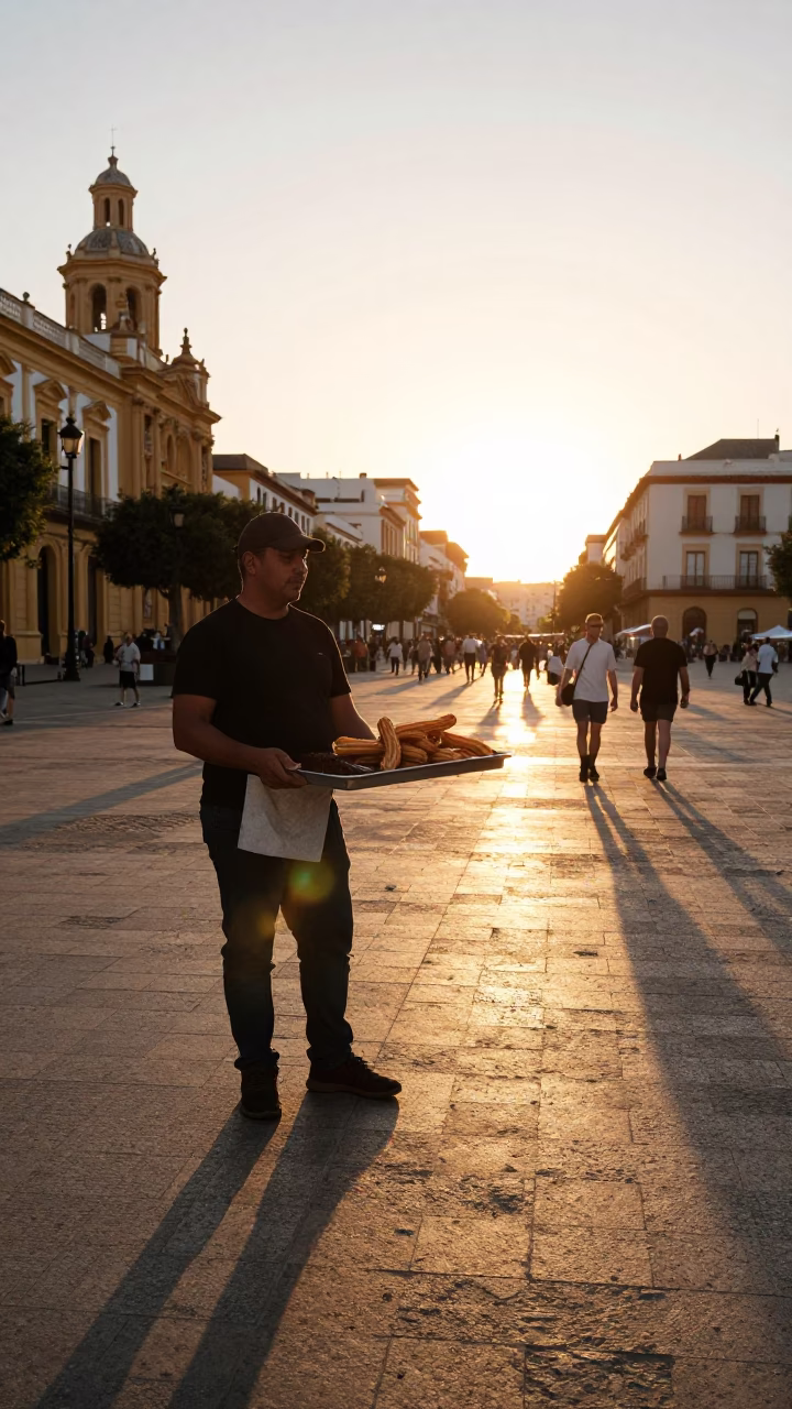 Golden Hour Street Scene in Valencia Spain with Churros and Chocolate in in Valencia, Spain