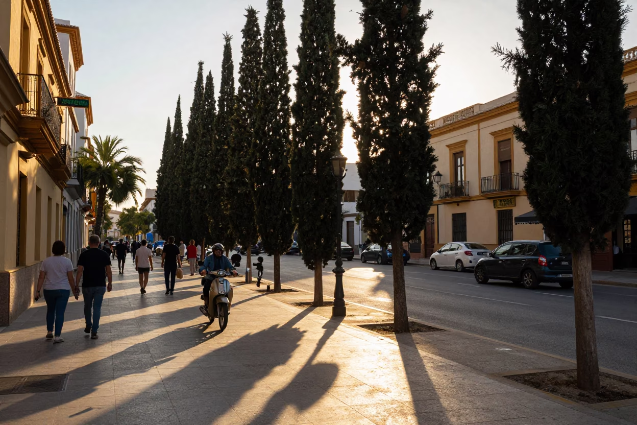Golden Hour Street Scene in Valencia Spain with Cypress Trees and Vintage Activity in in Valencia, Spain