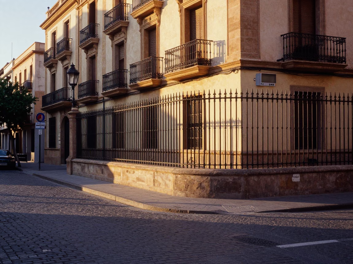 Golden Hour Street Scene in Valencia Spain with Ironwork and Urban Details in in Valencia, Spain