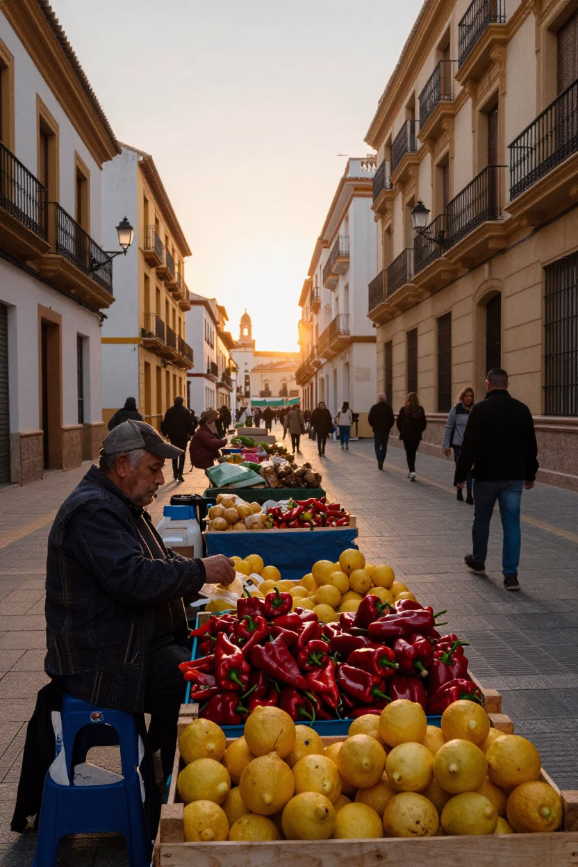 Golden Hour Street Scene in Valencia Spain with Local Market Activity and Traditional Architecture in in Valencia, Spain