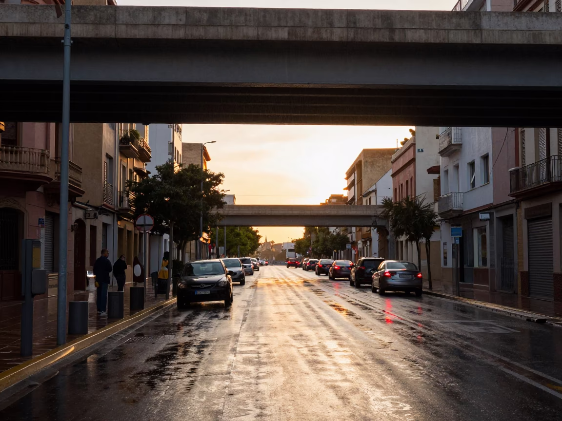 Golden Hour Street Scene in Valencia Spain with Overpass and Rain in in Valencia, Spain