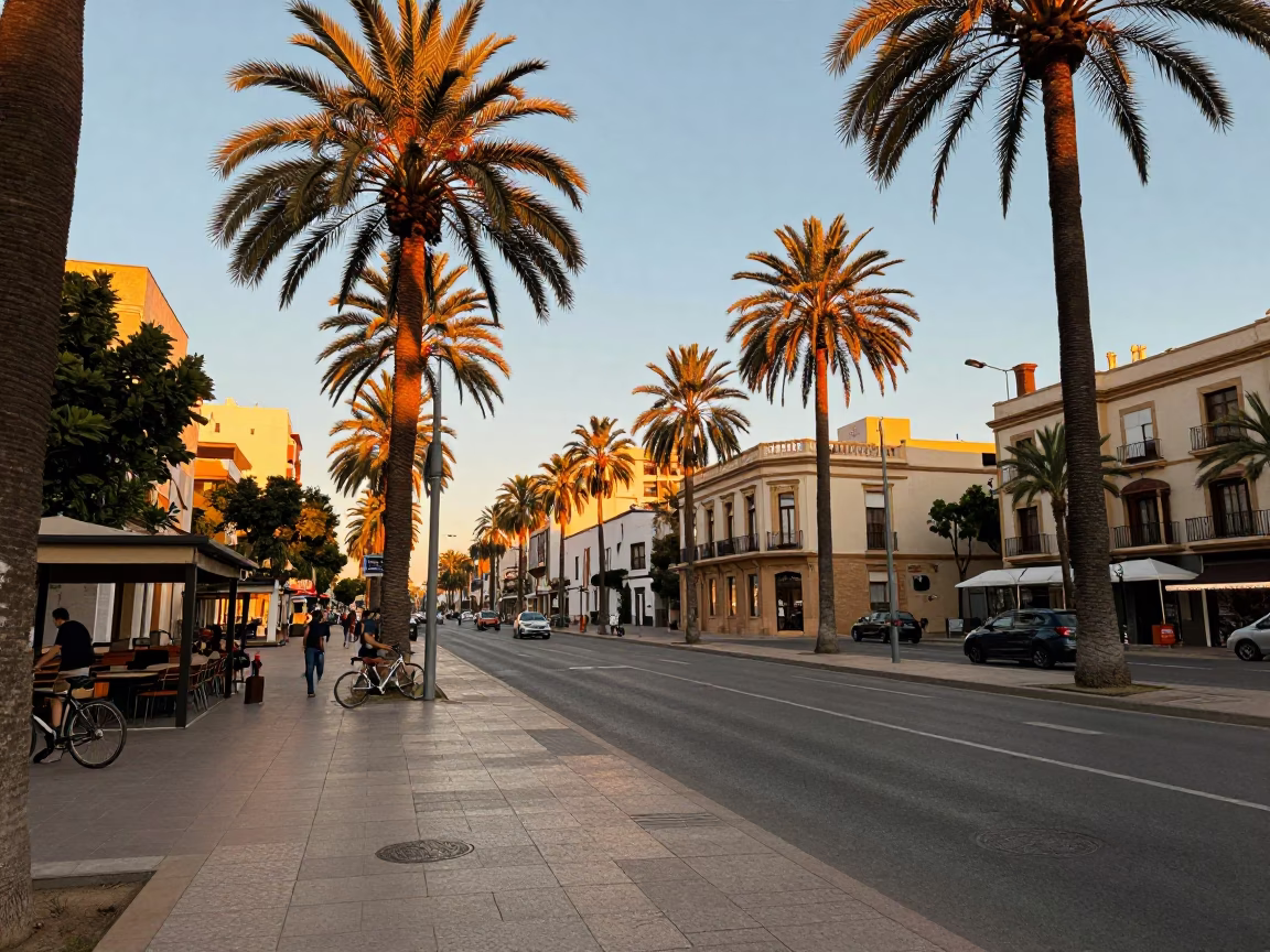 Golden Hour Street Scene in Valencia Spain with Palm Tree Avenue and Leaning Bicycle in in Valencia, Spain