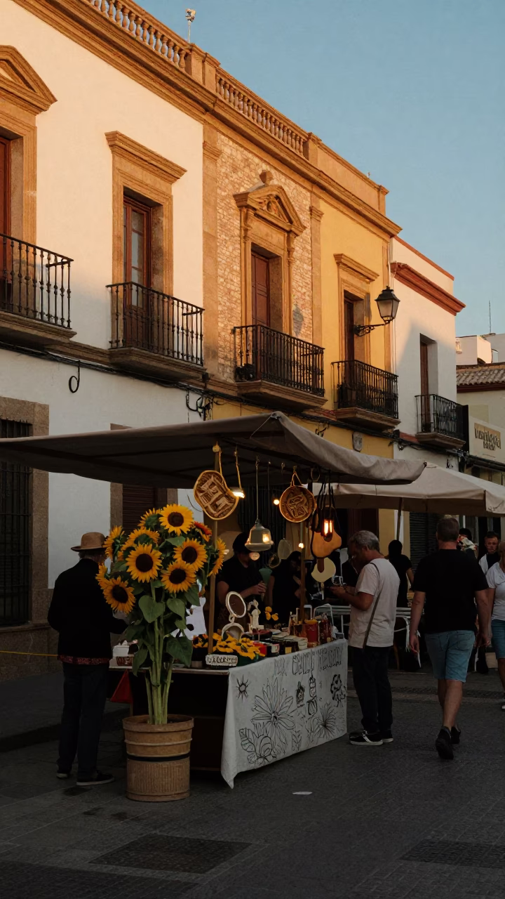 Golden Hour Street Scene in Valencia Spain with Sunflowers and Vintage Market Stall in in Valencia, Spain