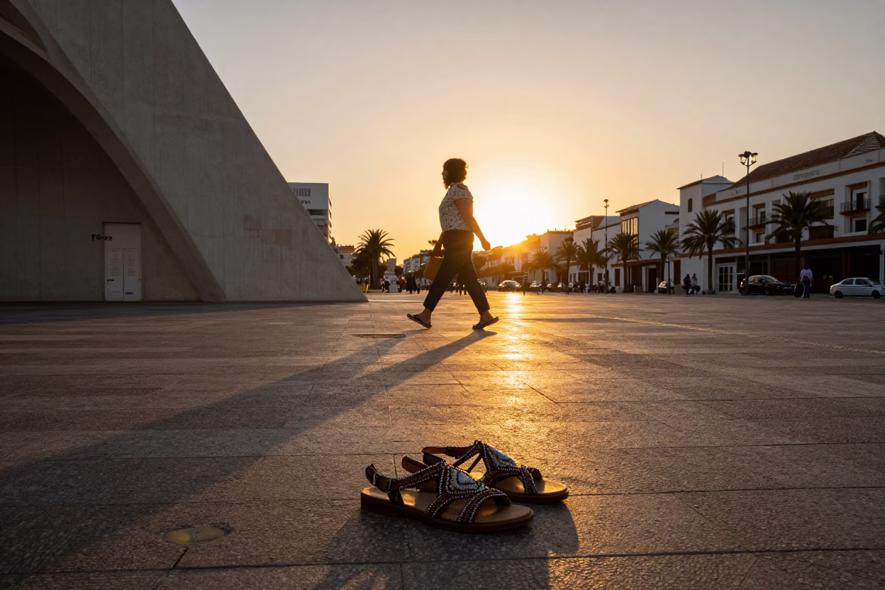 Golden Hour Street Scene in Valencia Spain with Traditional Beaded Sandals and Urban Architecture in in Valencia, Spain