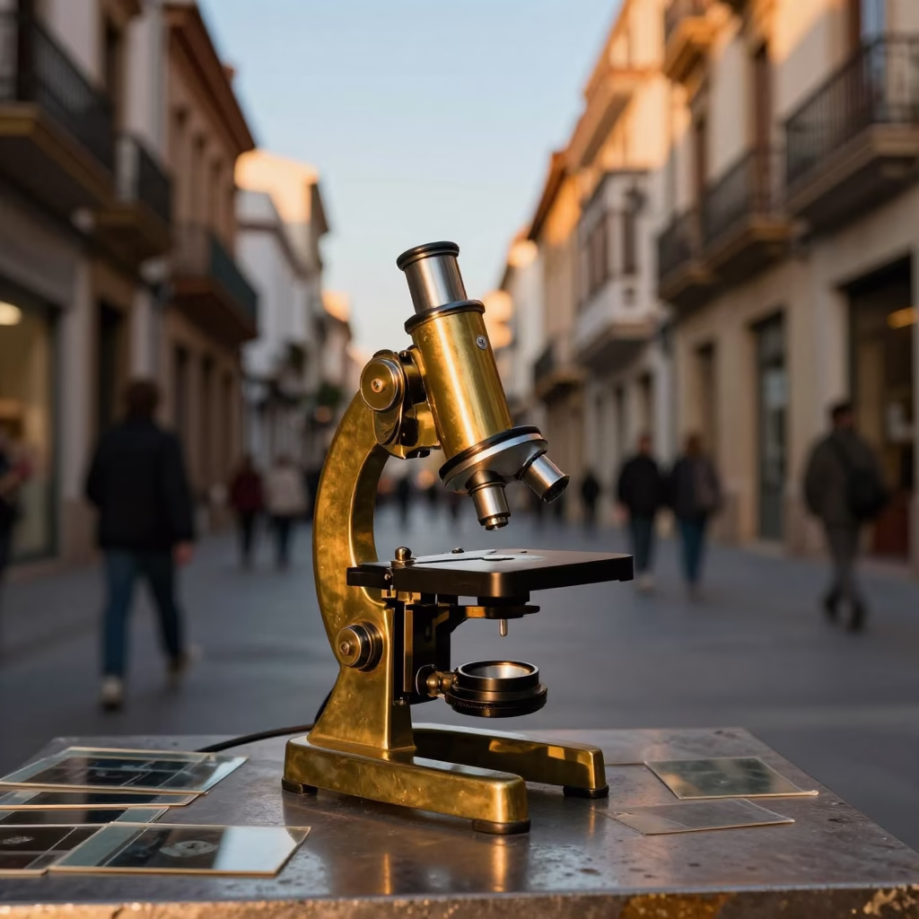 Golden Hour Street Scene in Valencia Spain with Vintage Brass Microscope and Local Life in in Valencia, Spain