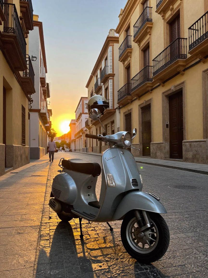 Golden Hour Street Scene in Valencia Spain with Vintage Scooter and Cobblestone Plaza in in Valencia, Spain