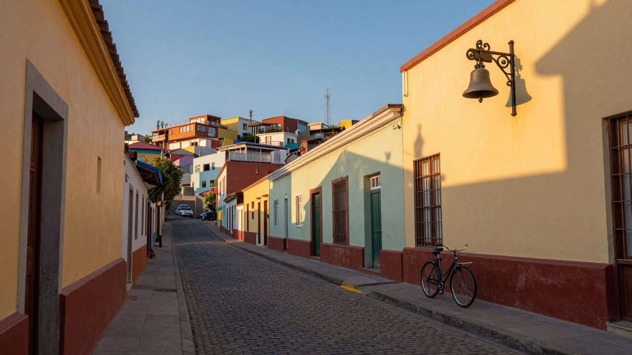 Golden Hour Street Scene in Valparaiso Chile with Bell and Bicycle Rack in in Valparaiso, Chile