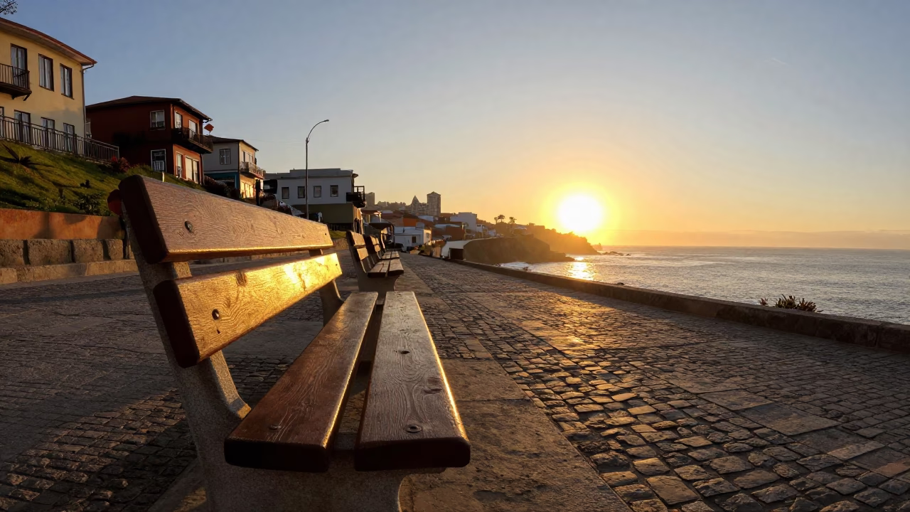 Golden Hour Street Scene in Valparaiso Chile with Bench and Coastal Light in in Valparaiso, Chile