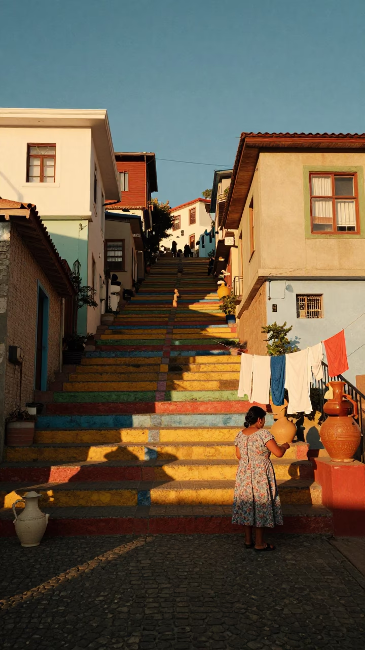Golden Hour Street Scene in Valparaiso Chile with Ceramic Pitcher and Laundry in in Valparaiso, Chile