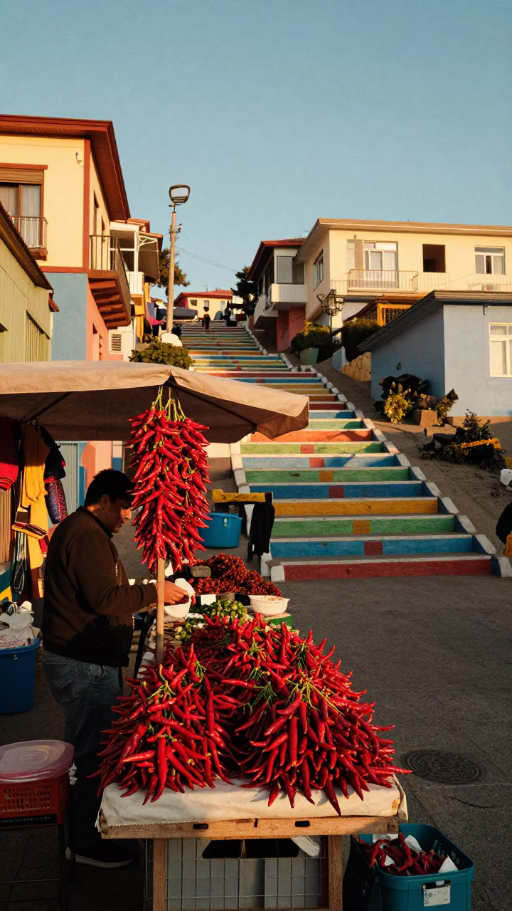 Golden Hour Street Scene in Valparaiso Chile with Chili Peppers and Local Market Life in in Valparaiso, Chile