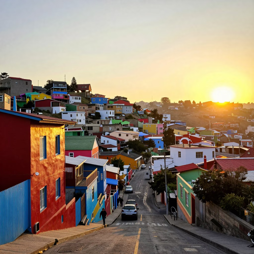 Golden Hour Street Scene in Valparaiso Chile with Colorful Hills and Local Activity in in Valparaiso, Chile