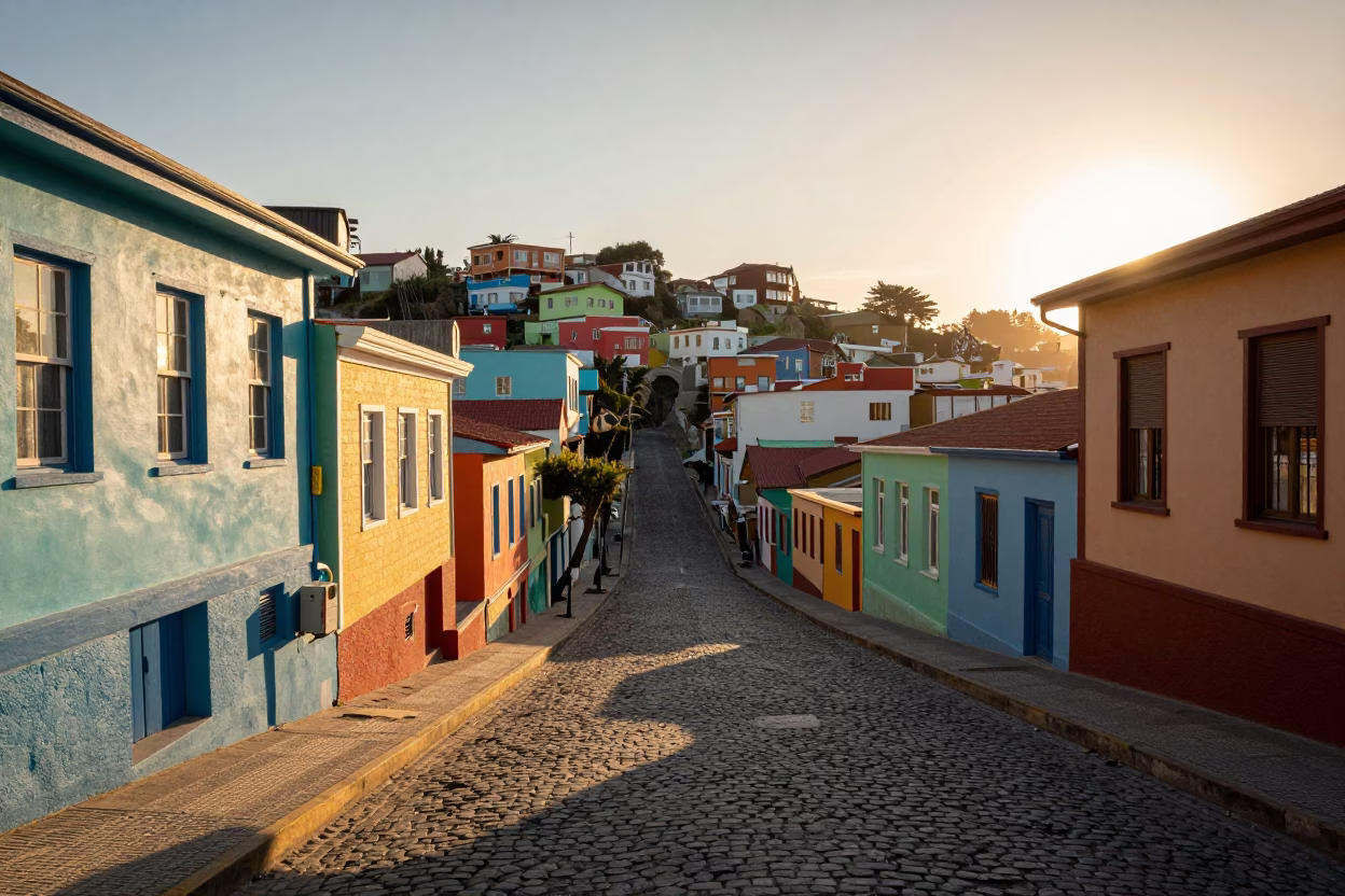 Golden Hour Street Scene in Valparaiso Chile with Colorful Hillside Houses and Local Life in in Valparaiso, Chile
