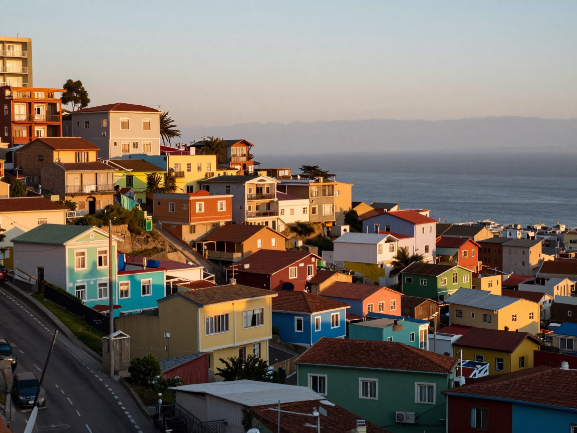 Golden Hour Street Scene in Valparaiso Chile with Colorful Houses and Local Pastries in in Valparaiso, Chile