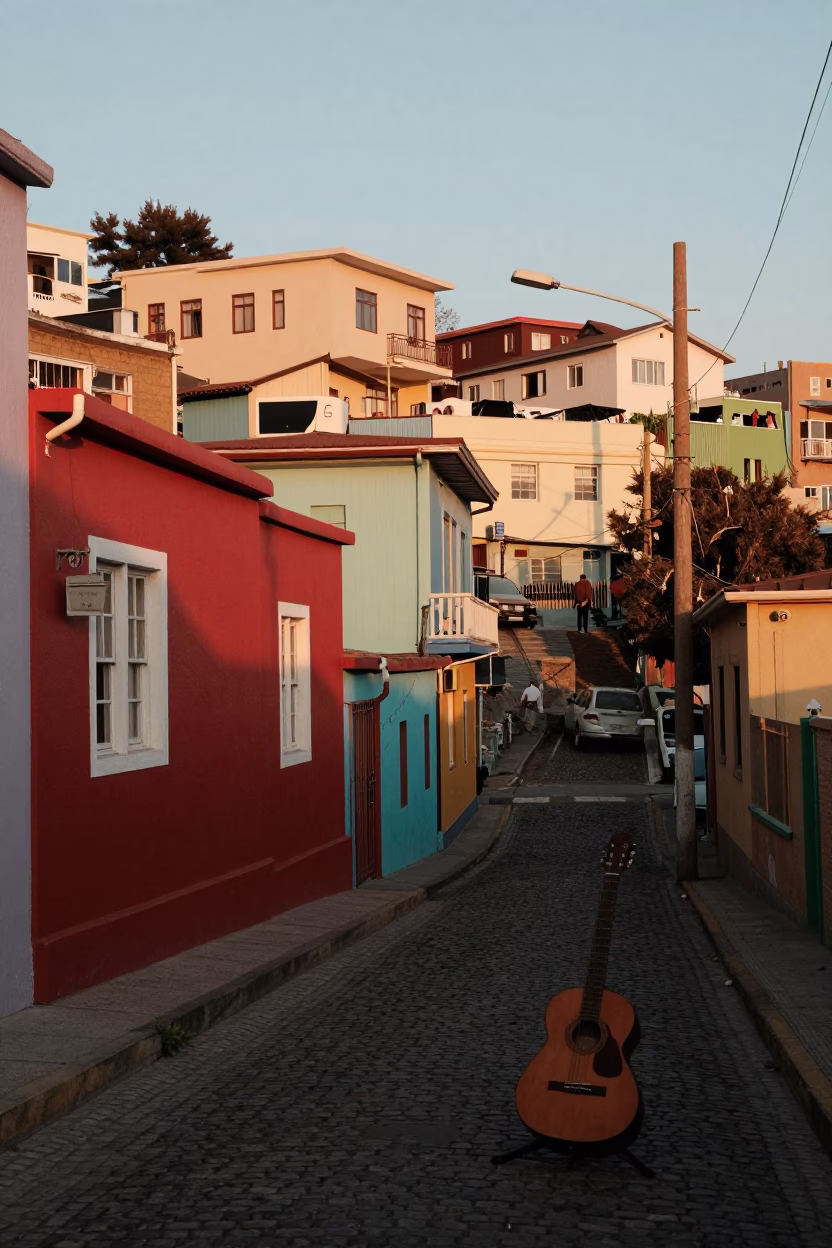 Golden Hour Street Scene in Valparaiso Chile with Colorful Houses and Vintage Guitar in in Valparaiso, Chile