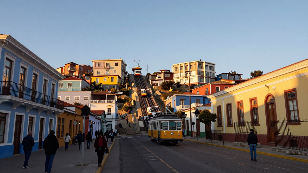 Golden Hour Street Scene in Valparaiso Chile with Funicular and Colorful Architecture in in Valparaiso, Chile
