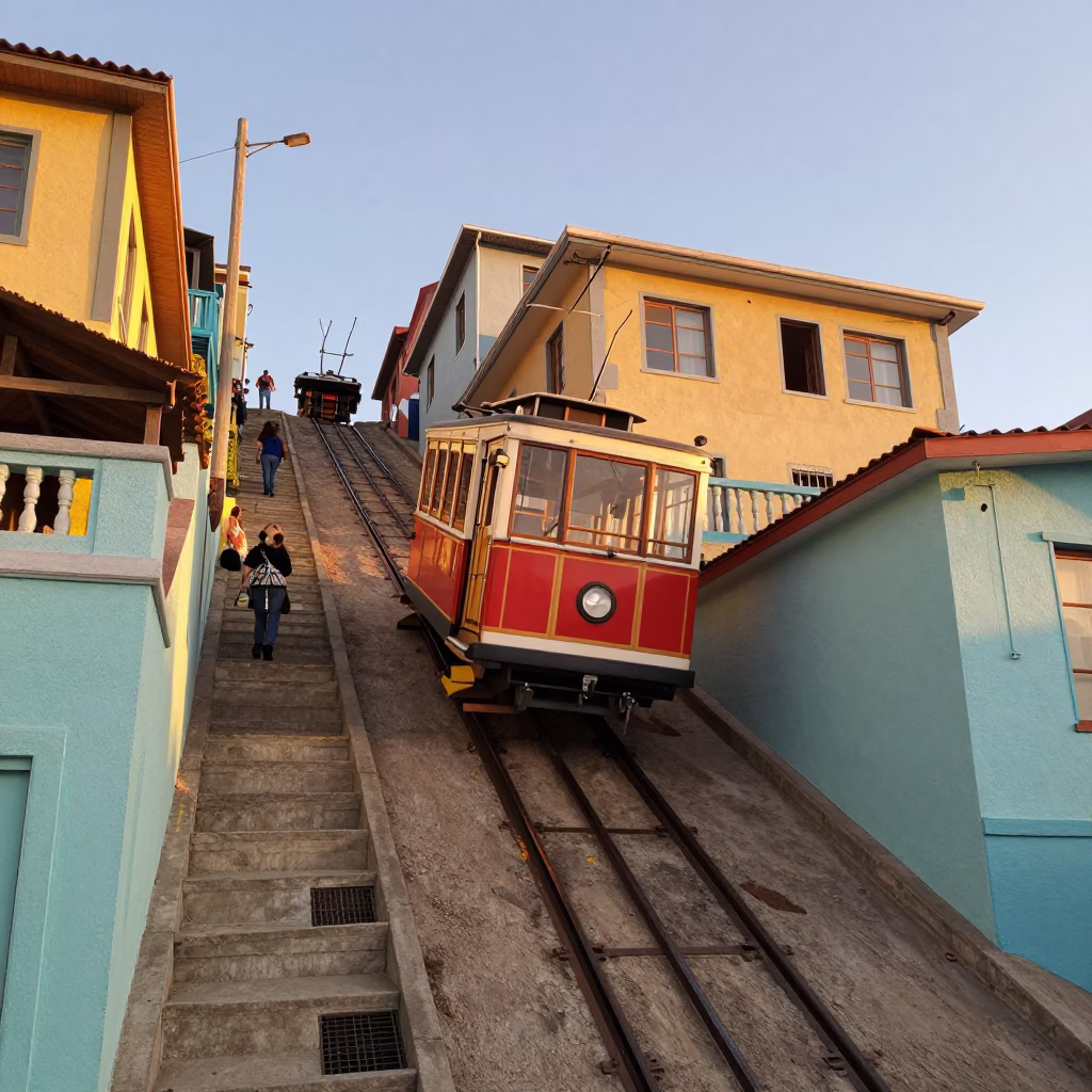 Golden Hour Street Scene in Valparaiso Chile with Funicular and Colorful Houses in in Valparaiso, Chile
