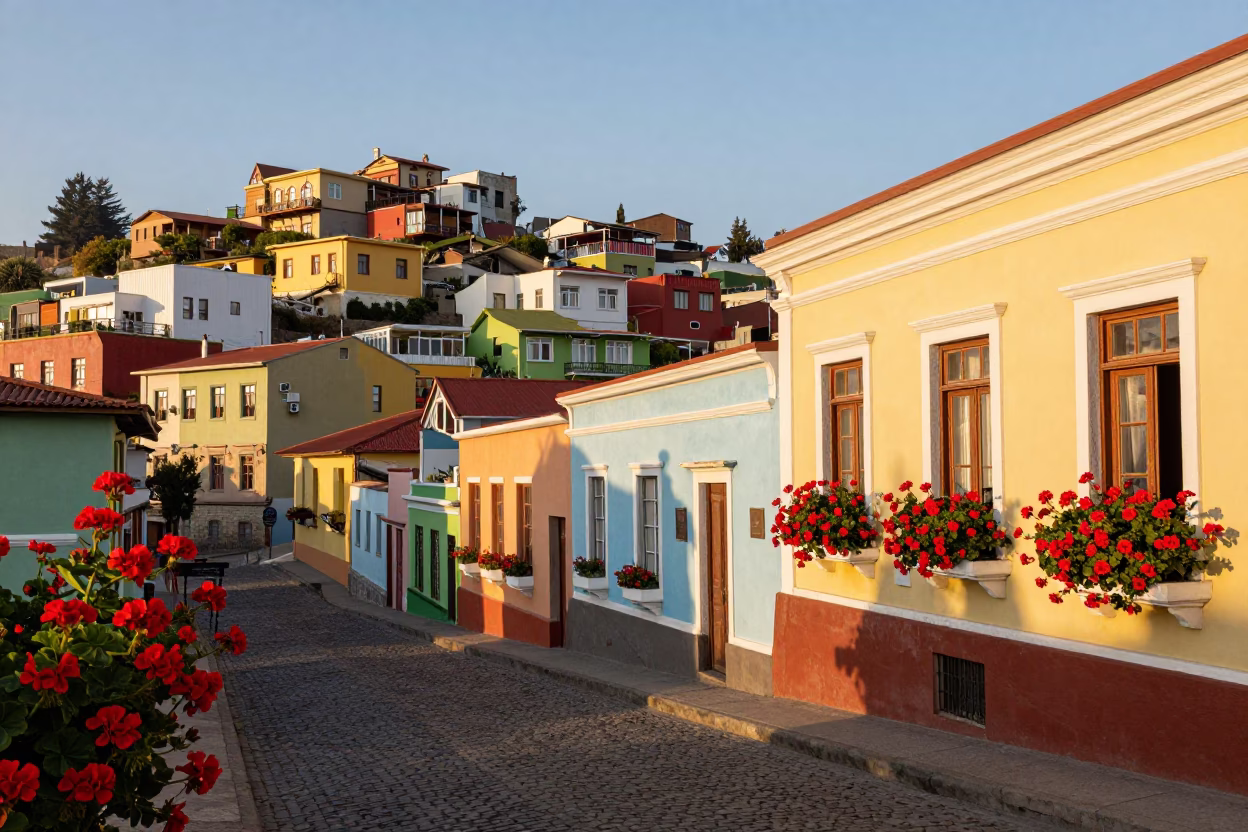 Golden Hour Street Scene in Valparaiso Chile with Geraniums and Colorful Architecture in in Valparaiso, Chile