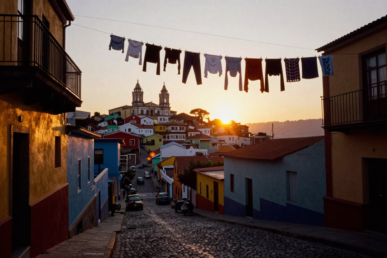 Golden Hour Street Scene in Valparaiso Chile with Hanging Laundry and Colorful Architecture in in Valparaiso, Chile