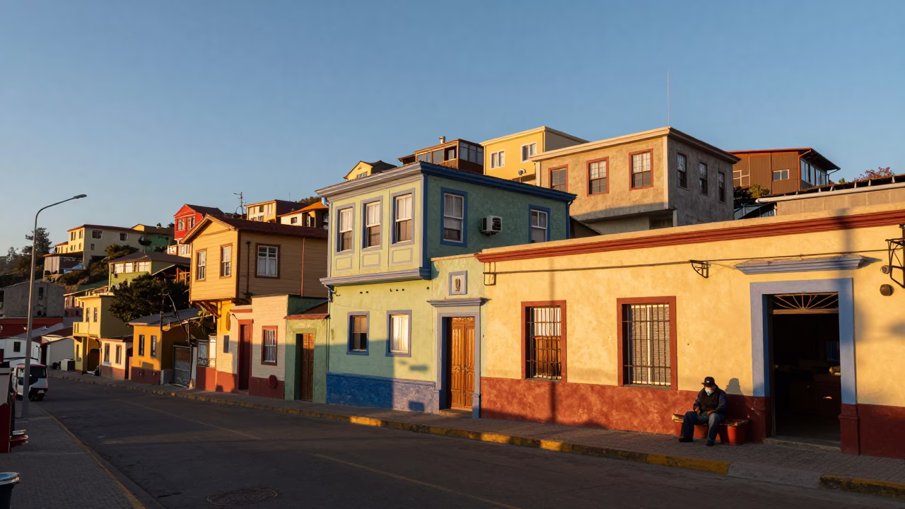 Golden Hour Street Scene in Valparaiso Chile with Local Food and Architectural Details in in Valparaiso, Chile