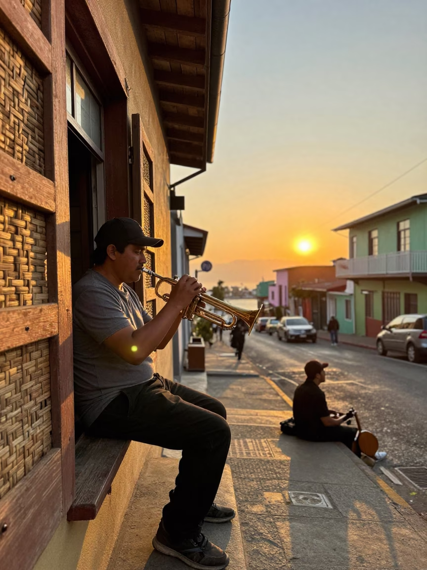 Golden Hour Street Scene in Valparaiso Chile with Local Musician and Colorful Architecture in in Valparaiso, Chile