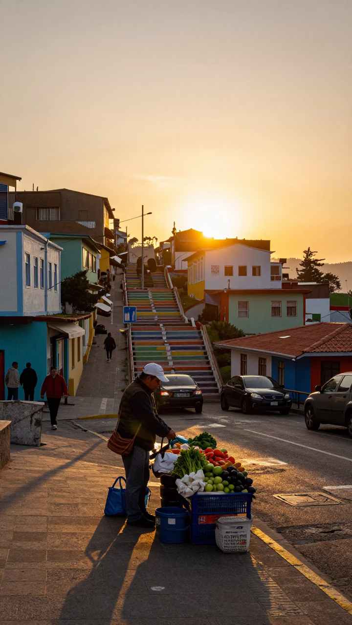 Golden Hour Street Scene in Valparaiso Chile with Local Vendor in in Valparaiso, Chile